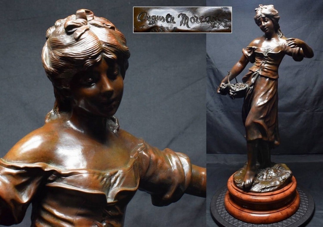 Auguste Moreau Bronze Large Western female figure on a marble base H 29.7in: Auguste Moreau Bronze Large Western female figure on a marble base H 29.7in Item Specifics: Type: Sculpture Format: Statue Signed: Yes Material: Bronze Production Technique: Bronze Casting Region Of O