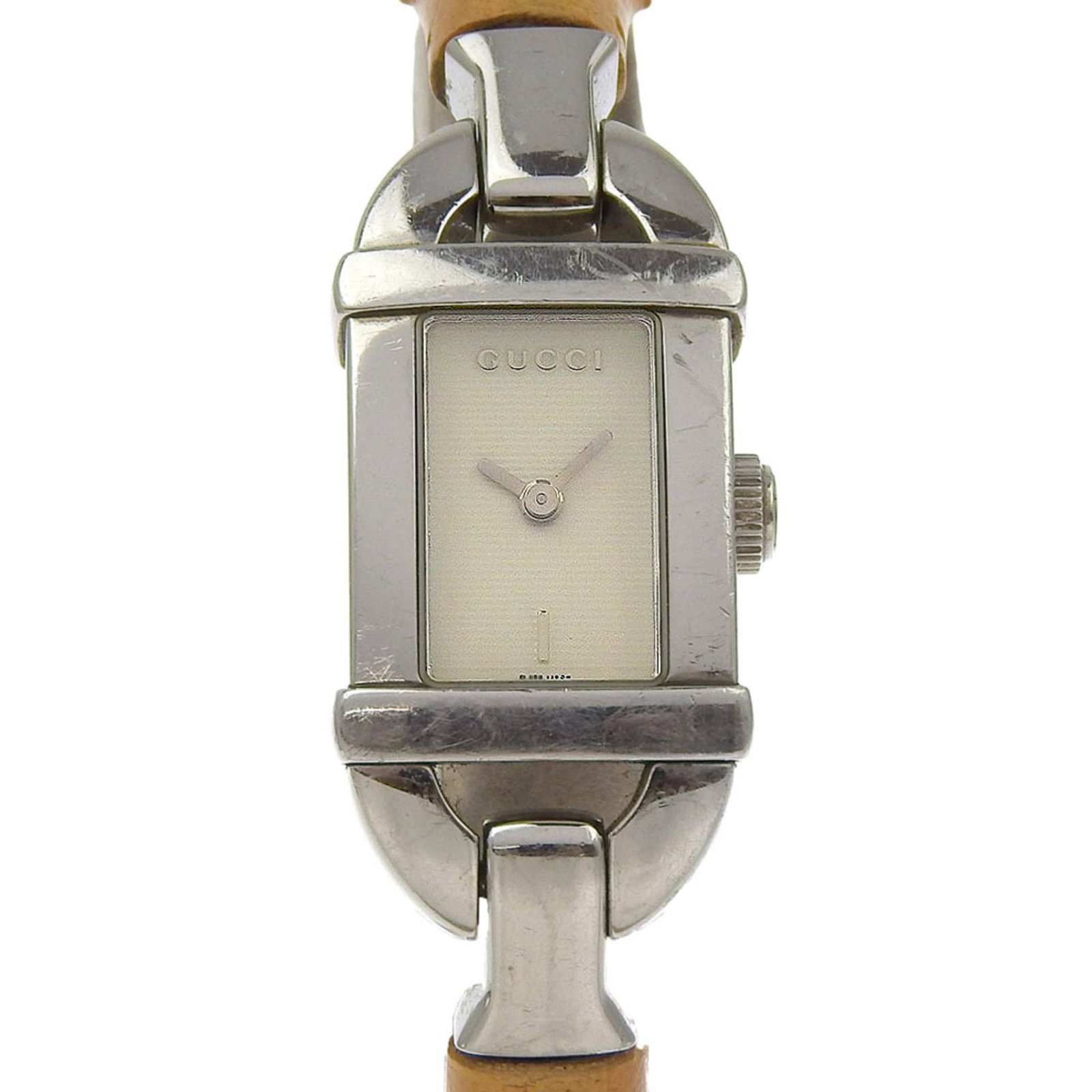 Wristwatch from Gucci: Wristwatch from Gucci Stainless steel case with a unique bamboo band adds an interesting touch to this Gucci women's wristwatch. The white analog dial and quartz movement provide a clean and precise d
