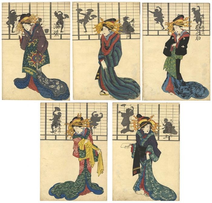 5pc Edo Period Japanese Woodblock Prints Beauties Shadow Pictures Oban Ukiyo e: 5pc Edo Period Japanese Woodblock Prints Beauties Shadow Pictures Oban Ukiyo e Item Specifics: Artist: Unknown Subject: Beauties and Shadow Pictures Material: Paper Style: Japanese Year Of Production: