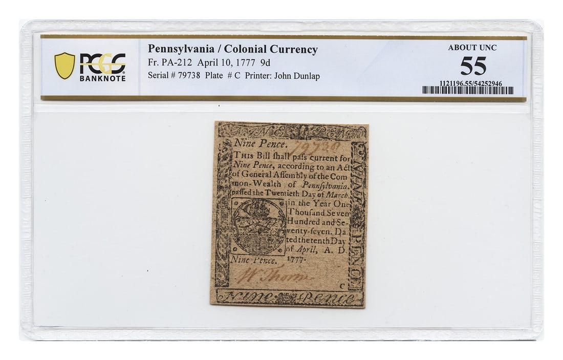 FR. PA-212 April 10, 1777 9 Pence Pennsylvania Colonial PCGS AU55 - Colonial Not: FR. PA-212 April 10, 1777 9 Pence Pennsylvania Colonial PCGS AU55 - Colonial Not 9 Pence Pennsylvania Colonial, April 10, 1777, PCGS AU55. This circulated 9 pence coin from the Pennsylvania colonial e