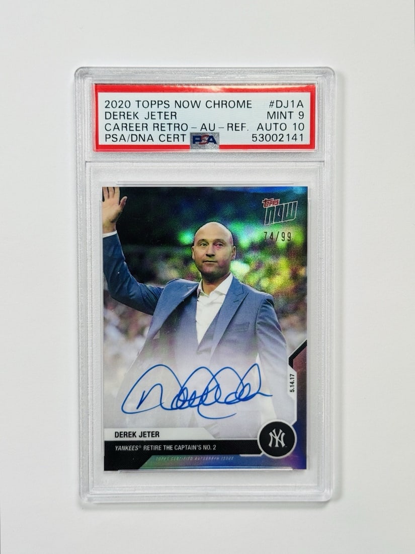 2020 TOPPS NOW CHROME DEREK JETER #DJ-1A CAREER RETRO AUTO REFRACTOR/ 99 PSA 9: 2020 TOPPS NOW CHROME DEREK JETER #DJ-1A CAREER RETRO AUTO REFRACTOR/ 99 PSA 9 Chrome Refractor Autograph of Derek Jeter #DJ-1A, graded PSA 9. This highly sought-after card features a rare and unique 