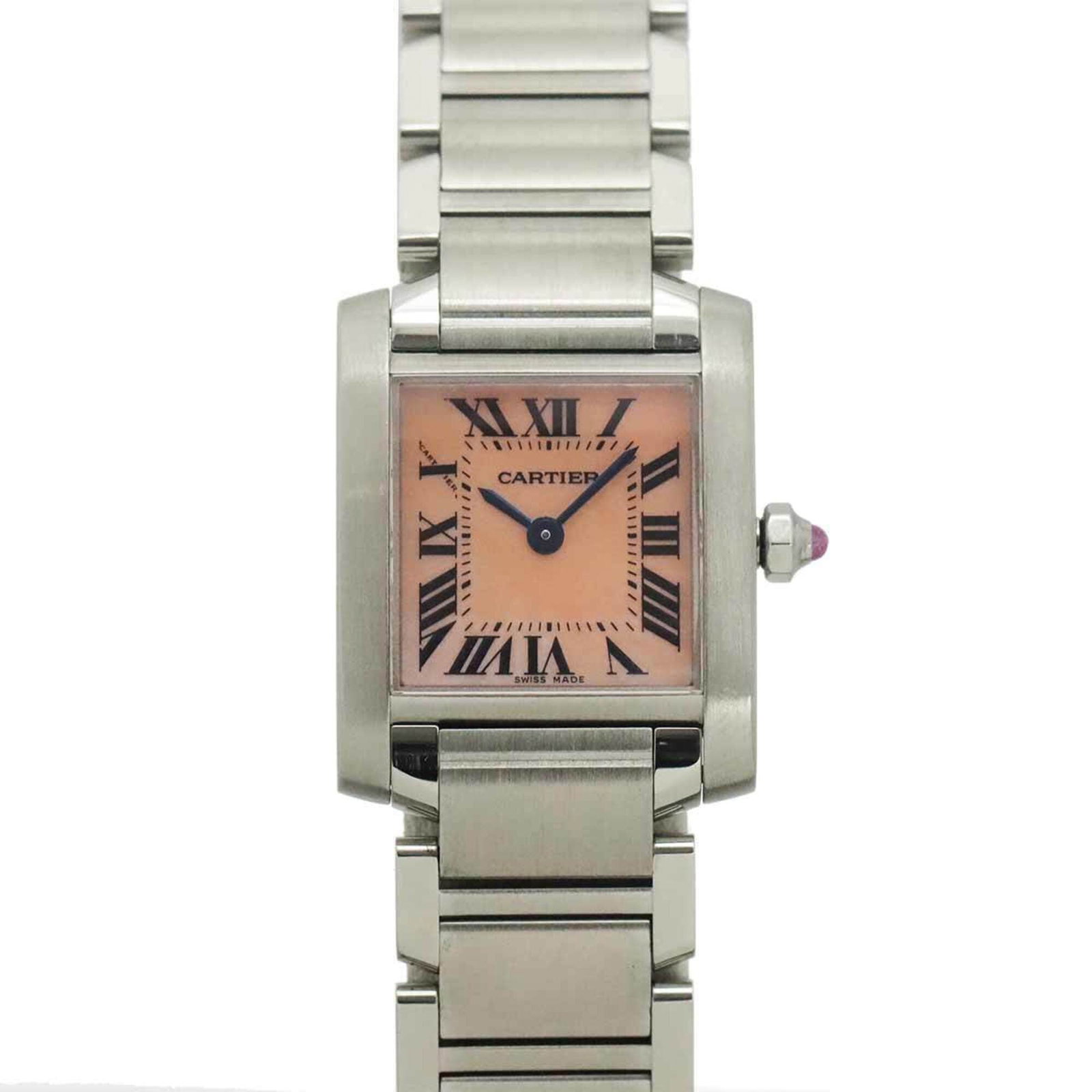 Cartier Wristwatch: Cartier Wristwatch Stainless steel case and band, pink shell dial, quartz movement, and a sleek 20mm design make this Cartier wristwatch a stylish accessory. With its compact size and comfortable 15.5