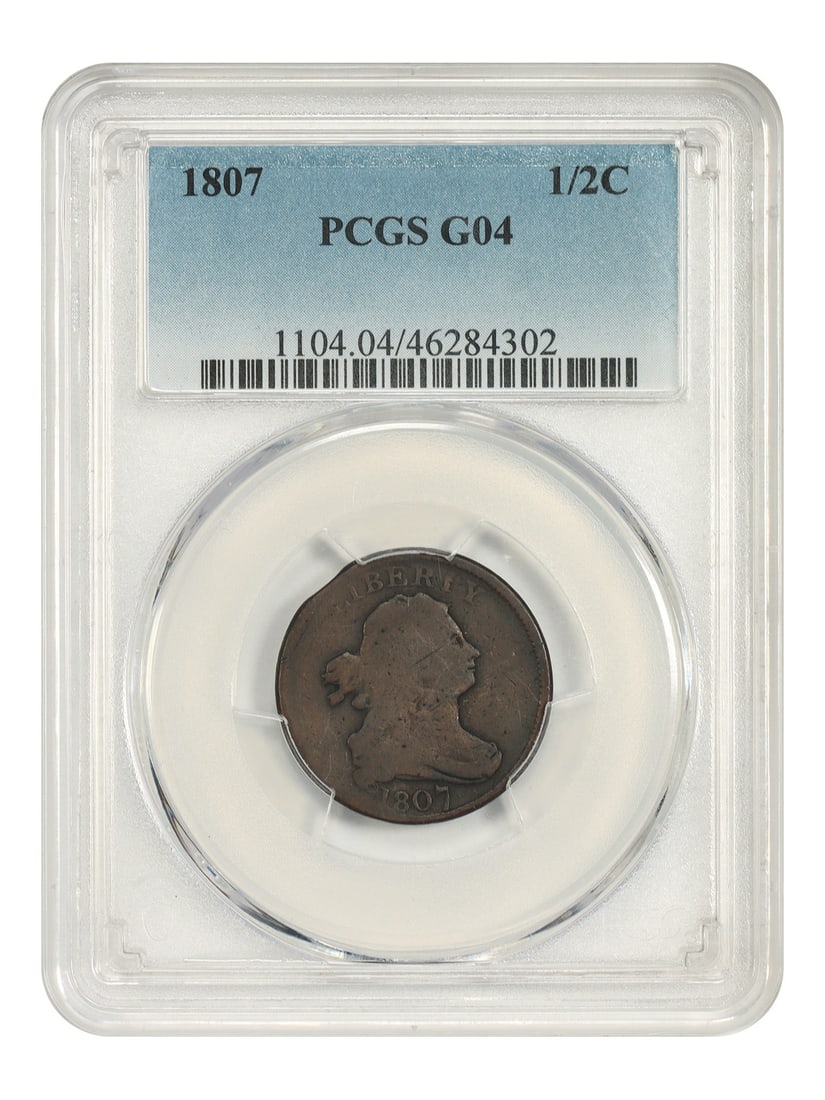 1807 1/ 2C PCGS Good 04 - Draped Bust Half Cent - Lower Mintage Issue: 1807 1/ 2C PCGS Good 04 - Draped Bust Half Cent - Lower Mintage Issue The 1807 1/2C PCGS Good 04 - Draped Bust Half Cent is a circulated example from the lower mintage issue, bearing the distinctive m