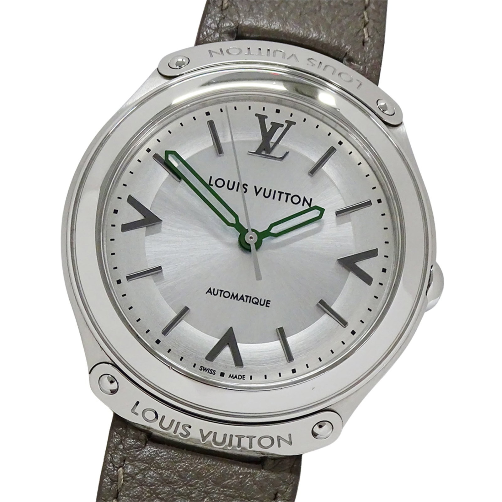 Louis Vuitton Wristwatch: Louis Vuitton Wristwatch Stainless steel case and silver dial make for a sleek, modern look. This self-winding automatic wristwatch features a signature on the case, bearing the mark of Louis Vuitton'