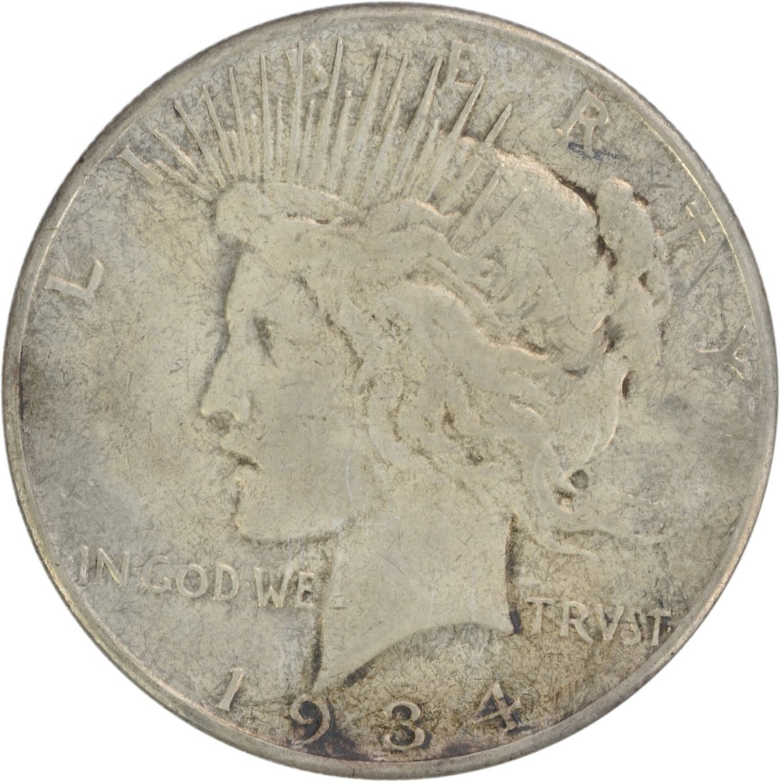 Uncertified Peace Silver Dollar 1934 S: Uncertified Peace Silver Dollar 1934 S The 1934 S Peace Silver Dollar features a unique mint mark, denoting its origin from the San Francisco Mint. This circulated coin showcases the iconic design of 