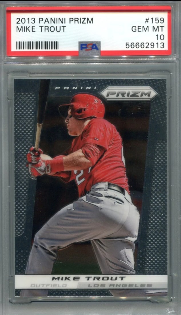 Mike Trout 2013 Panini Prizm #159 PSA GEM MT 10 Card: Mike Trout 2013 Panini Prizm #159 PSA GEM MT 10 Card Mike Trout's 2013 Panini Prizm #159 card boasts a Gem Mint 10 (PSA) grading, showcasing exceptional condition and rarity. This highly sought-after 