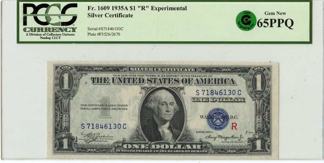 1935A $1Experimental (R) $1 Silver Cert FR#1609 PCGS Gem 65PPQ GCC Green: 1935A $1Experimental (R) $1 Silver Cert FR#1609 PCGS Gem 65PPQ GCC Green The 1935A $1Experimental (R) $1 Silver Cert FR#1609 PCGS Gem 65PPQ GCC Green boasts a stunning grade of MS65, showcasing except