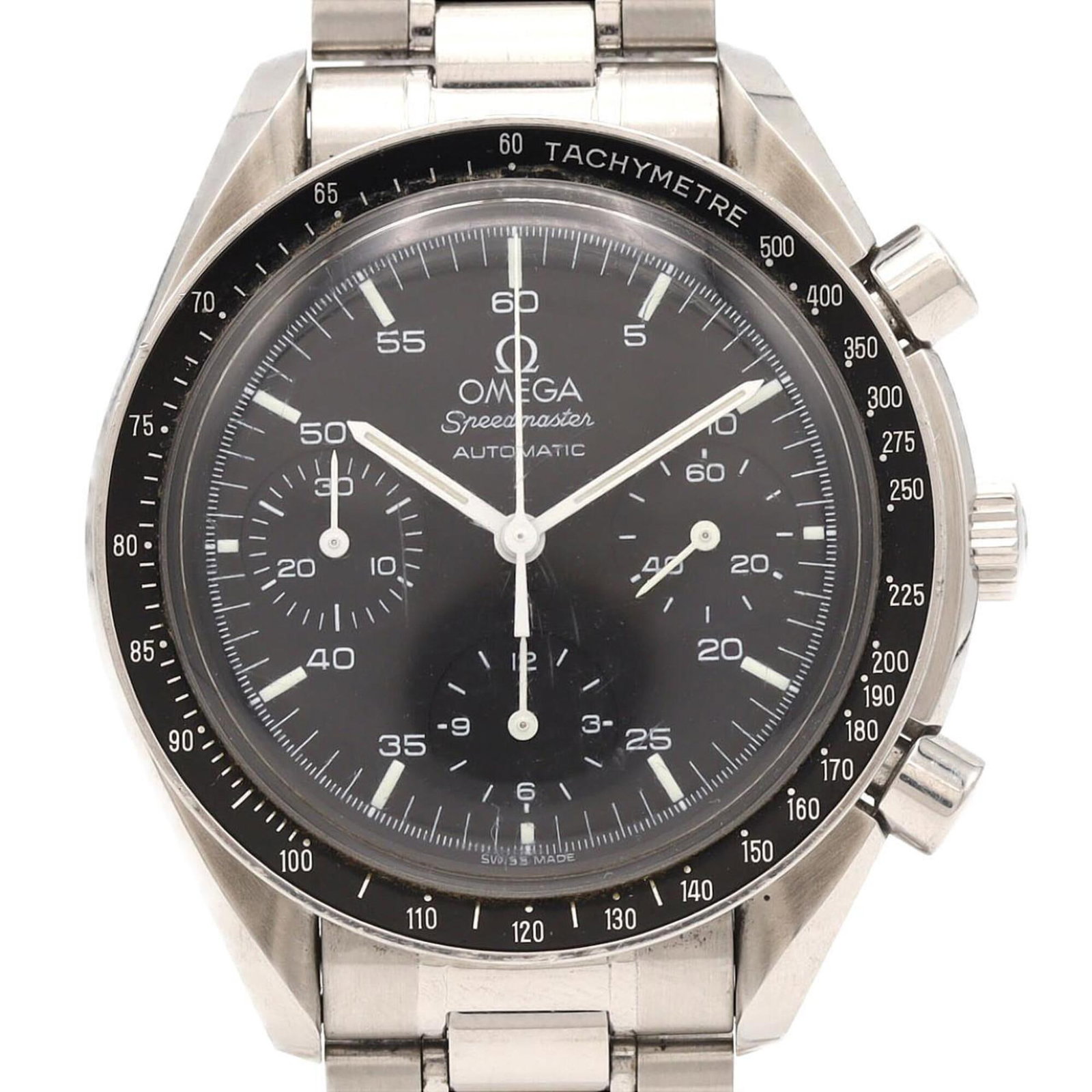 Omega Wristwatch: Omega Wristwatch Stainless steel case and band, the Omega MPN 3510.50 wristwatch boasts a sleek black dial, while its self-winding automatic movement keeps precise time. With a diameter of 39mm, this 