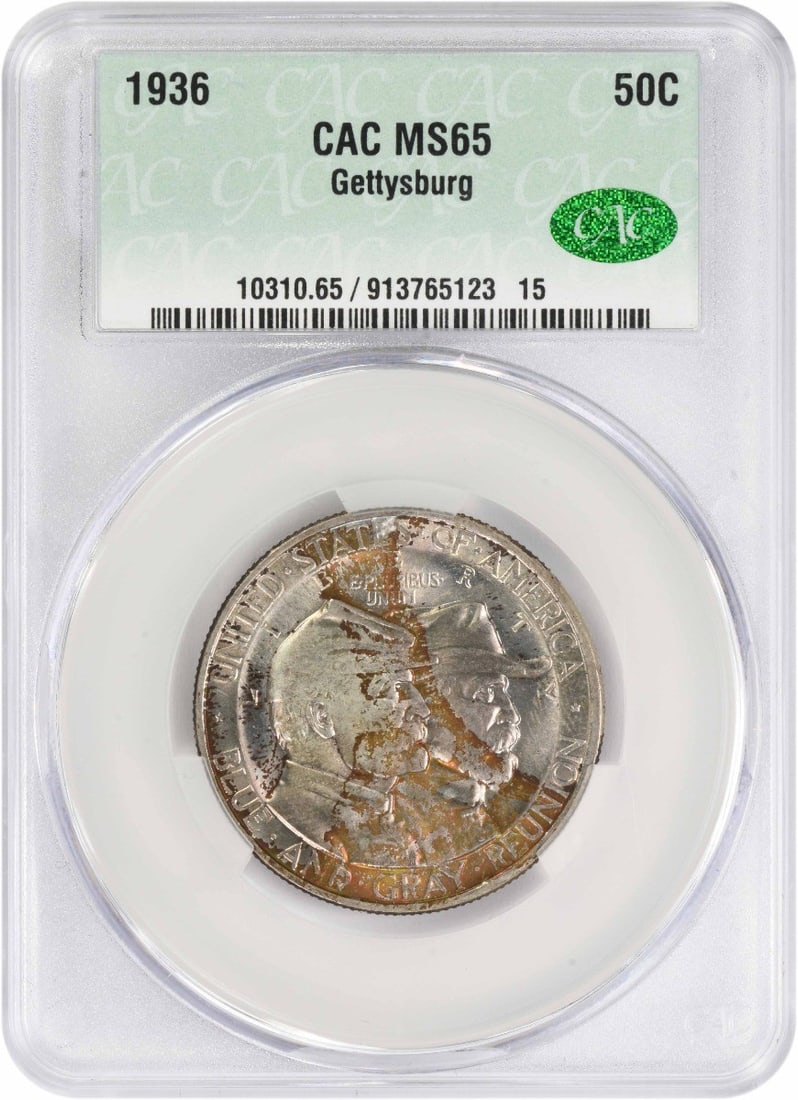 MS65 CACG Commemorative Half Dollar 1936 Gettysburg: MS65 CACG Commemorative Half Dollar 1936 Gettysburg The MS65 CACG Commemorative Half Dollar 1936 Gettysburg boasts exceptional condition, with its circulated grade and high grade of MS65 indicating a 