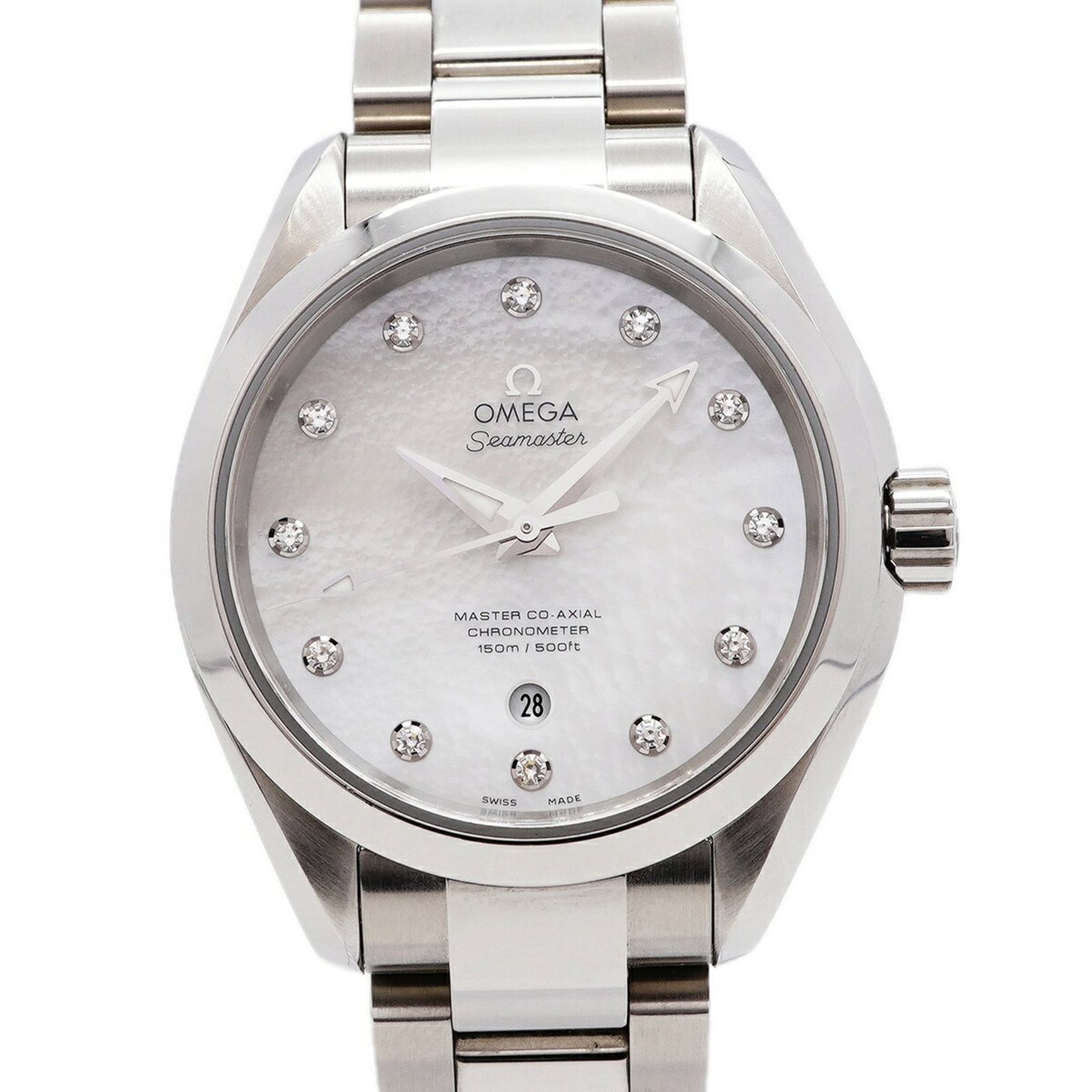 Omega Wristwatch: Omega Wristwatch Stainless steel band, white dial, and self-winding automatic movement make this Omega wristwatch a sleek and functional timepiece. The compact 34mm case diameter and adjustable 15cm s