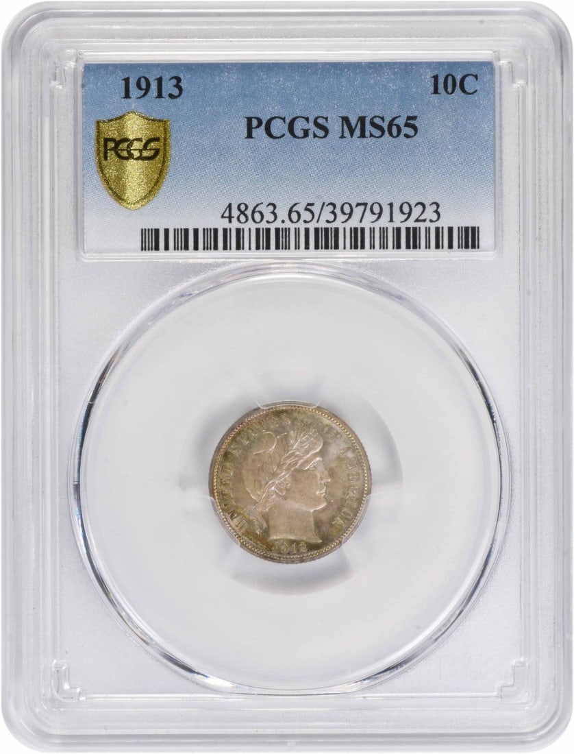 Silver dime Barber MS65 PCGS: Silver dime Barber MS65 PCGS The 1913 Silver Dime, graded MS65 by PCGS, boasts an impressive level of detail and luster. With its striking design by Charles E. Barber and a composition of 90% silver, 