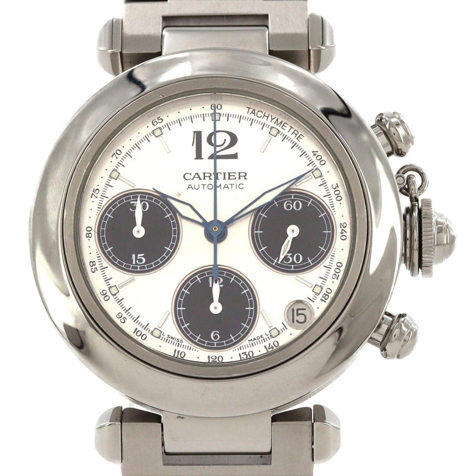 Cartier Wristwatch: Cartier Wristwatch Stainless steel case and band, a sleek black dial, and automatic self-winding movement make this Cartier wristwatch a stylish accessory for everyday wear. Its compact 36mm size