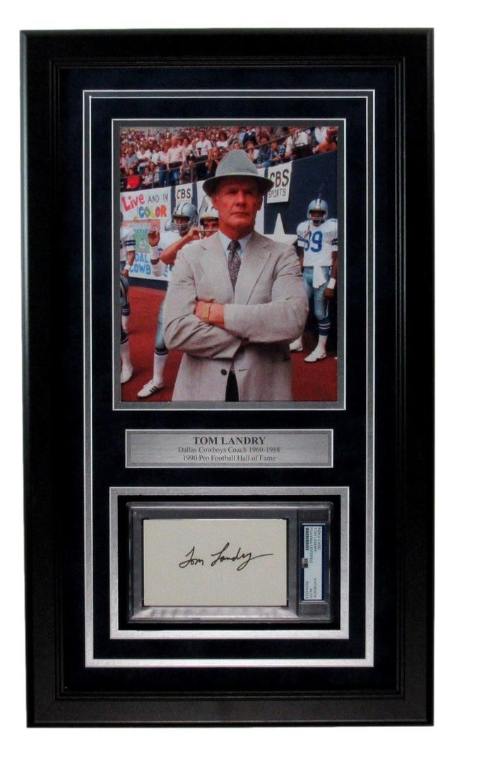 Tom Landry Cowboys Coach Signed 3x5 Index Photo Collage Framed PSA/ DNA 198317: Tom Landry Cowboys Coach Signed 3x5 Index Photo Collage Framed PSA/ DNA 198317 Item Specifics: Autograph Authentication: Professional Sports Authenticator (PSA) Sport: Football Original/Reprint: