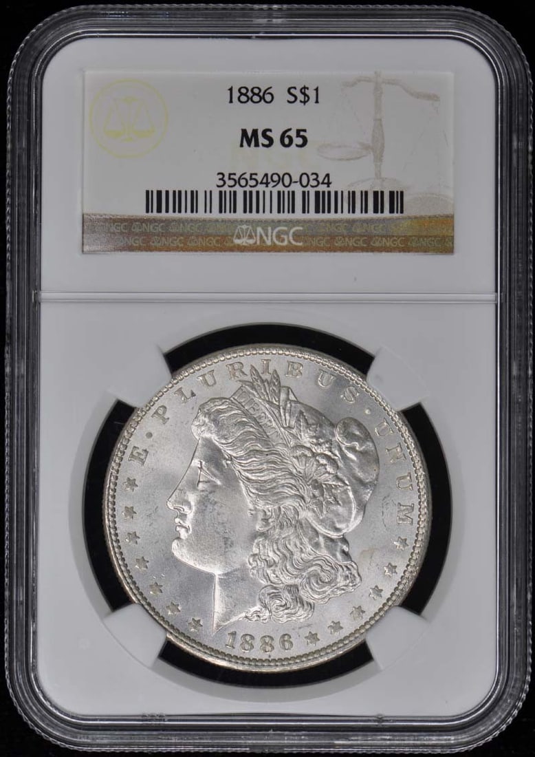 1886 Morgan Dollar S$1 NGC MS65: 1886 Morgan Dollar S$1 NGC MS65 The 1886 Morgan Dollar S$1 NGC MS65 is a highly graded, uncirculated coin featuring the iconic design of Augustus Saint-Gaudens. Certified by the Numismatic Guaranty Co