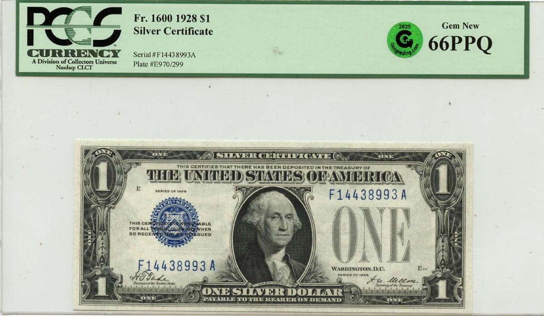 Silver Certificate 1928 FR#1600 PCGS GEM 66 PPQ GCC Green: Silver Certificate 1928 FR#1600 PCGS GEM 66 PPQ GCC Green The 1928 Silver Certificate (FR#1600) is a highly detailed and intricately designed note, featuring a unique blend of art deco elements. Grade