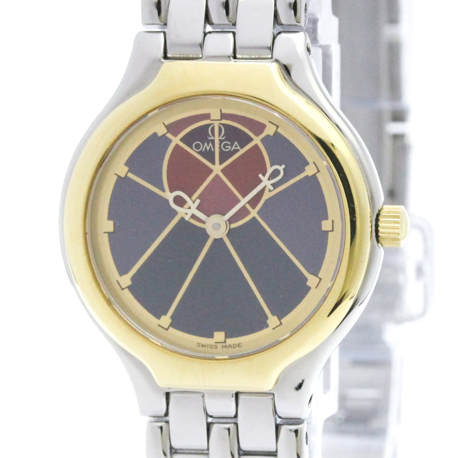 Omega Wristwatch: Omega Wristwatch Stainless steel and yellow gold (18K) combine in this sleek Omega De Ville wristwatch, boasting a Bordeaux and Purple dial. The quartz movement powers a case diameter of 23mm, weighin