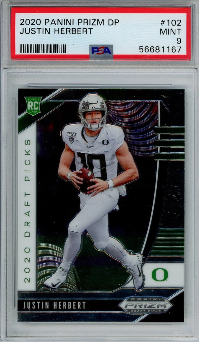 Justin Herbert 2020 Panini Prizm DP Grade 9 Card 102: Justin Herbert 2020 Panini Prizm DP Grade 9 Card 102 Justin Herbert 2020 Panini Prizm DP Grade 9 Card #102 is a graded, high-end baseball card featuring the quarterback from the Los Angeles Chargers.