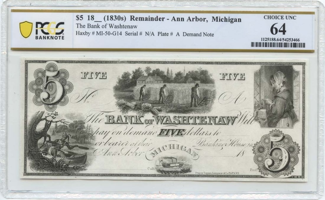 1830s $5 Ann Arbor, Michigan Obsolete Note Bank of Washtenaw PCGS CU64: 1830s $5 Ann Arbor, Michigan Obsolete Note Bank of Washtenaw PCGS CU64 Item Specifics: Certification: PCGS Banknote Certification Number: 54253466 Grade: MS64 Circulated/Uncirculated: Uncirculated Den