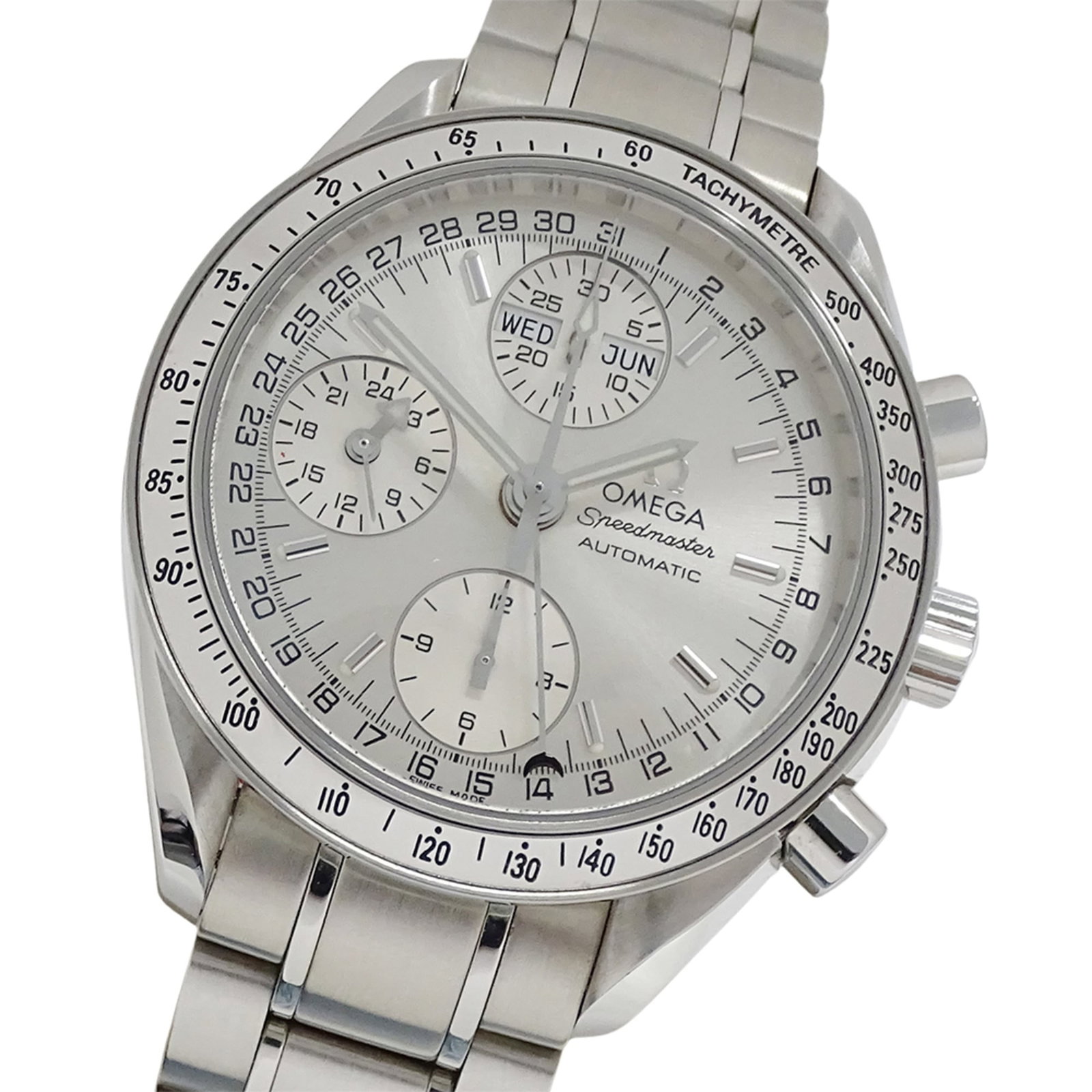 Omega Wristwatch: Omega Wristwatch Omega Wristwatch, featuring a sleek stainless steel case and band, boasts a silver dial and self-winding automatic movement. This Swiss-made timepiece stands out with its 38mm diamete