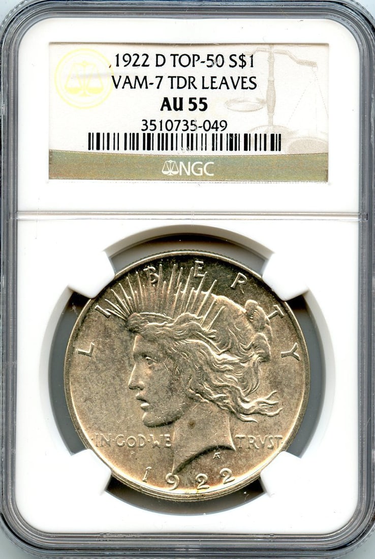 C5215- 1922-D VAM-7 TRIPLED DIE REVERSE TOP 50 PEACE DOLLAR NGC AU55: C5215- 1922-D VAM-7 TRIPLED DIE REVERSE TOP 50 PEACE DOLLAR NGC AU55 The C5215- 1922-D VAM-7 TRIPLED DIE REVERSE TOP 50 PEACE DOLLAR NGC AU55 features a unique triple die reverse error, making it a st