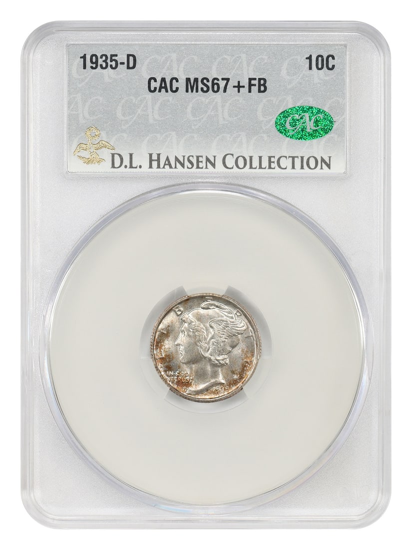 1935-D 10C CACG MS67+FB ex: D.L. Hansen - Mercury Dime: 1935-D 10C CACG MS67+FB ex: D.L. Hansen - Mercury Dime The 1935-D Mercury Dime, graded MS67+ by CACG, boasts an exceptional level of detail and luster. Featuring a strong strike and excellent overall