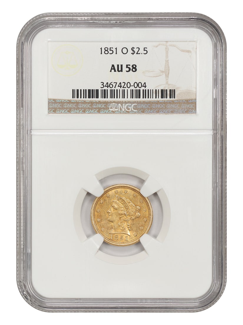 1851-O $2.50 NGC AU58 - Liberty Head $2.5 - Popular New Orleans Gold Issue: 1851-O $2.50 NGC AU58 - Liberty Head $2.5 - Popular New Orleans Gold Issue 1851-O $2.50 Liberty Head $2.5 - A Circulated Gold Coin from the New Orleans Mint, Graded AU58 by NGC. This coin features a c