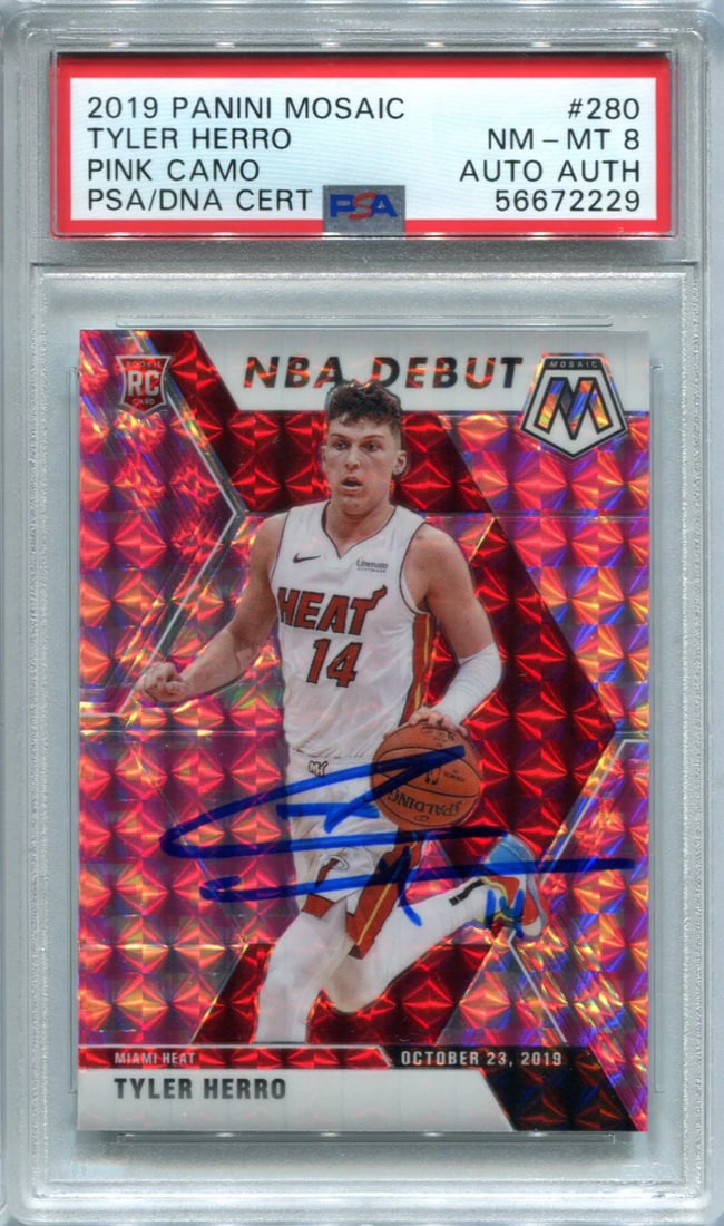 Tyler Herro 2019 Panini Pink Mosaic #223 PSA Mint 8/ Auto Authentic Card: Tyler Herro 2019 Panini Pink Mosaic #223 PSA Mint 8/ Auto Authentic Card Tyler Herro's 2019 Panini Pink Mosaic #223 features his auto signature, graded PSA Mint 8/Auto Authentic Card. This card showca