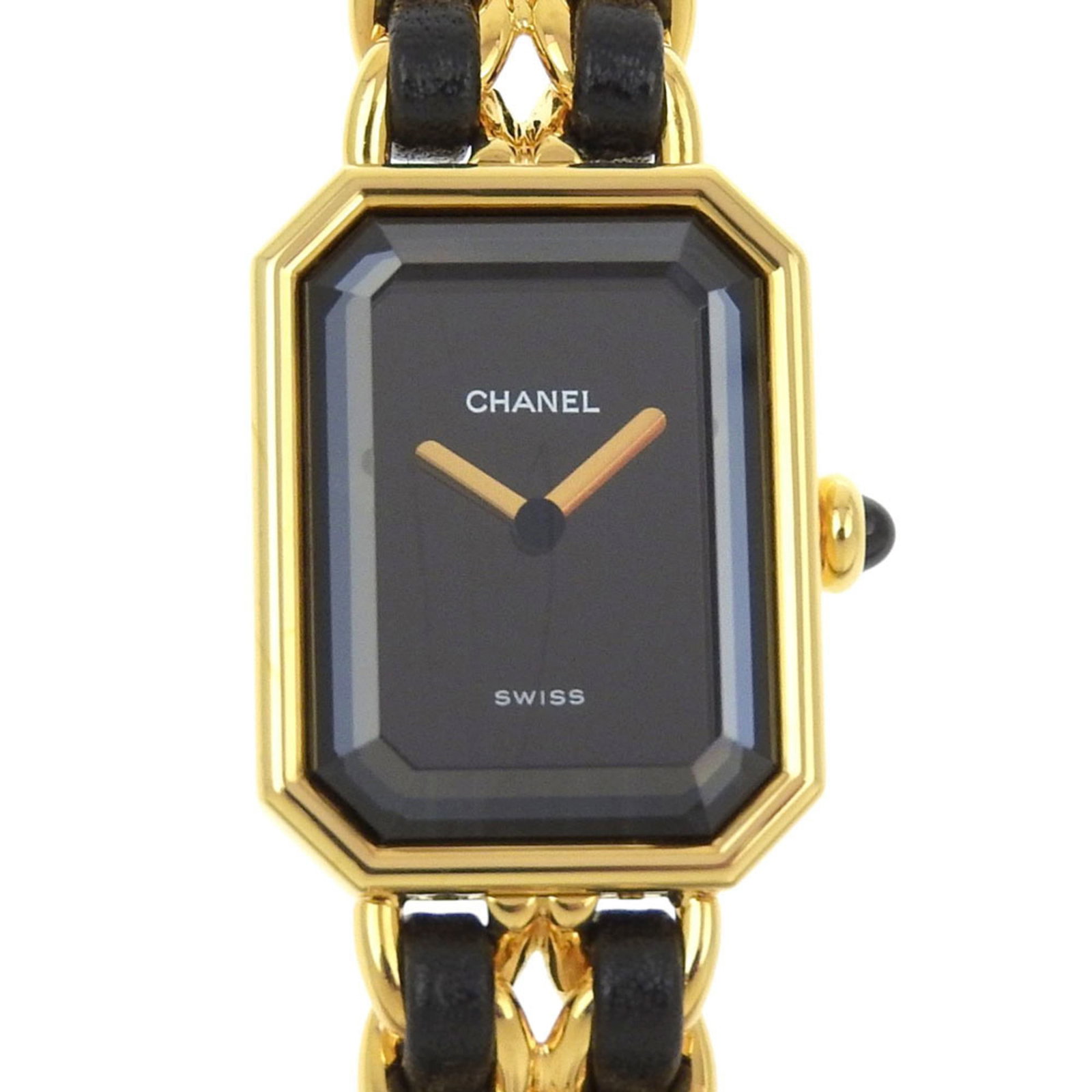 Chanel Wristwatch: Chanel Wristwatch Chanel's iconic wristwatch boasts a sleek gold plated design, complemented by a black leather strap and quartz movement. Made in Switzerland, this stylish timepiece features a