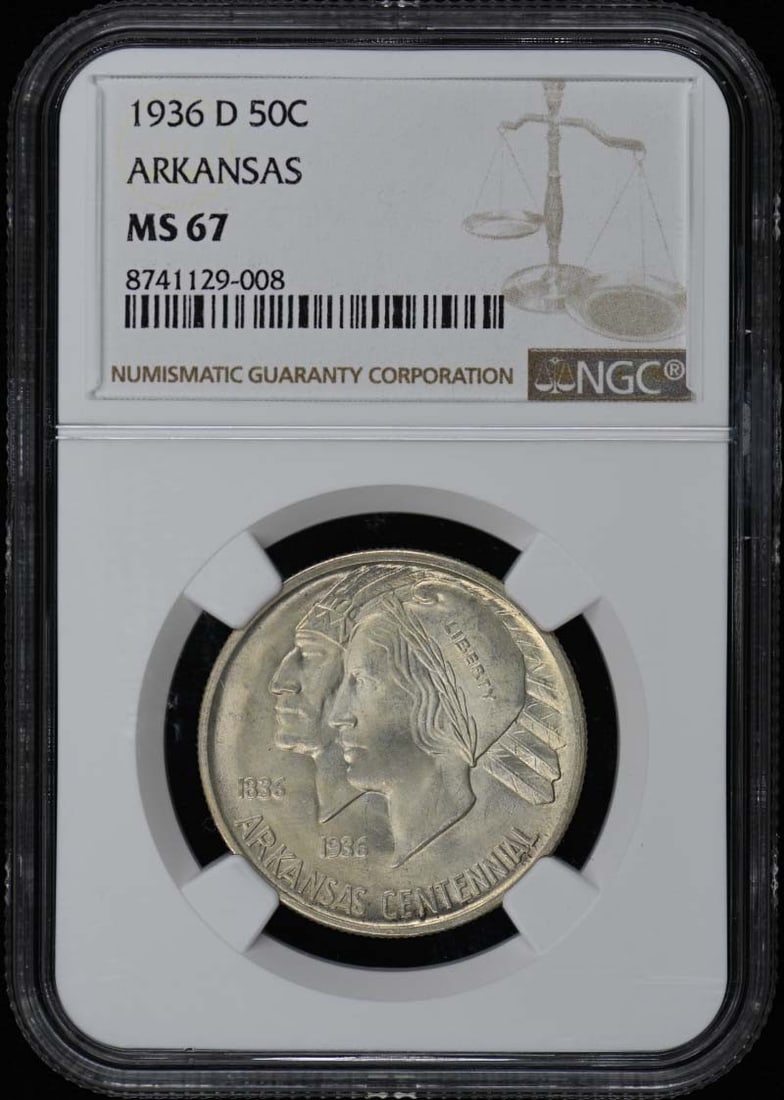 Arkansas 1936-Silver Commemorative 50C NGC MS67: Arkansas 1936-Silver Commemorative 50C NGC MS67 The Arkansas 1936-Silver Commemorative 50C features a striking design and impressive MS67 grade, showcasing its exceptional condition. Certified by the 