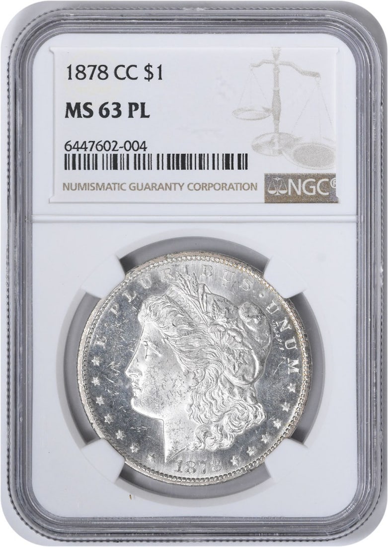 1878-CC Morgan Silver Dollar MS63PL NGC: 1878-CC Morgan Silver Dollar MS63PL NGC The 1878-CC Morgan Silver Dollar MS63PL NGC boasts exceptional condition, showcasing its 90% silver and 10% copper composition in a stunning MS63 grade. This re