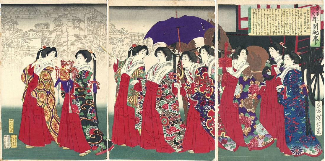 Tsukioka Yoshitoshi 1876 Empress Departure Shimbashi Station Triptych Print: Tsukioka Yoshitoshi 1876 Empress Departure Shimbashi Station Triptych Print Item Specifics: Artist: Tsukioka Yoshitoshi Subject: Meiji History Empress Railway Station Material: Washi Paper Style: