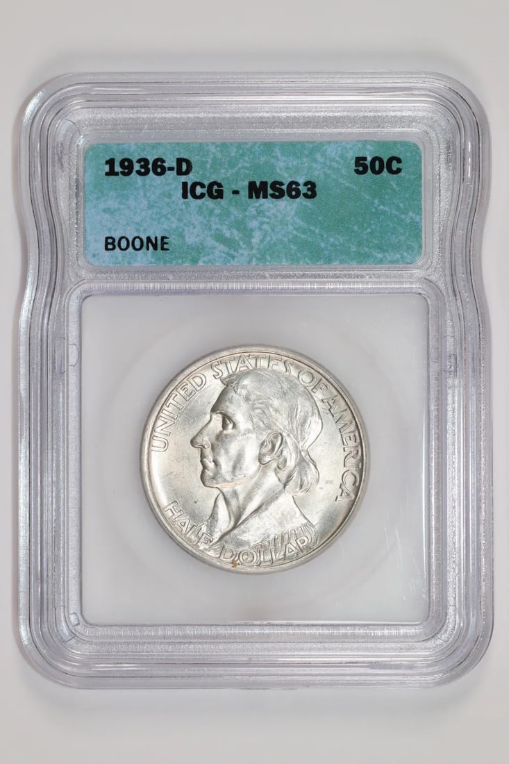 MS63 Half Dollar Commemorative Boone 1936 ICG: MS63 Half Dollar Commemorative Boone 1936 ICG MS63 Half Dollar Commemorative Boone 1936 ICG - A highly detailed and accurate commemorative coin, featuring the iconic design by Henry Kreisler and a sig