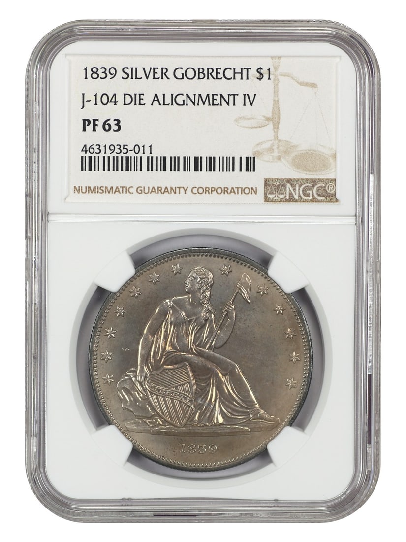 1839 $1 Gobrecht NGC PR63 (J-104) - Liberty Seated Dollar: 1839 $1 Gobrecht NGC PR63 (J-104) - Liberty Seated Dollar 1839 $1 Gobrecht NGC PR63 (J-104) - Liberty Seated Dollar. This uncirculated $1 gold coin from 1839 features the iconic Liberty Seated design 