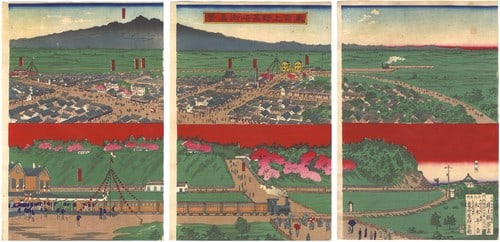 Meiji Art Tankei Yasuji Woodblock Print Triptych Ueno Takasaki Railway 1884: Meiji Art Tankei Yasuji Woodblock Print Triptych Ueno Takasaki Railway 1884 Item Specifics: Artist: Yasuji Tankei Subject: Japanese Railway and Meiji Modernization Material: Woodblock Print on Washi