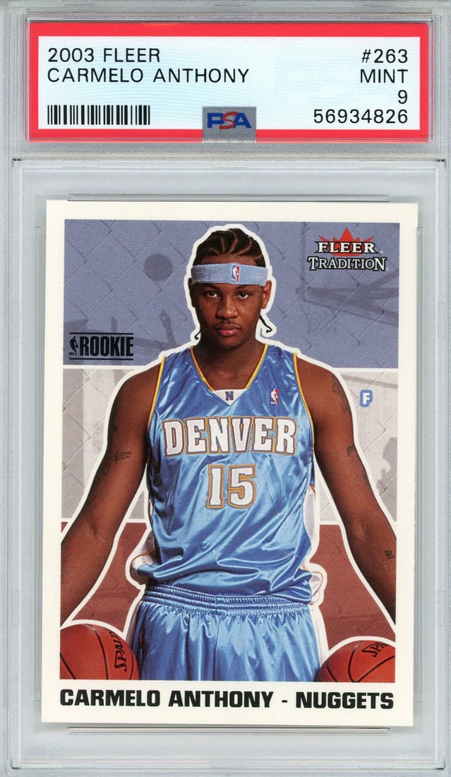 Carmelo Anthony 2003 Fleer Rookie Card #263 PSA: Carmelo Anthony 2003 Fleer Rookie Card #263 PSA Mint 9 graded and slabbed by PSA, the Carmelo Anthony 2003 Fleer Rookie Card #263 boasts a high level of authenticity and preservation. This card