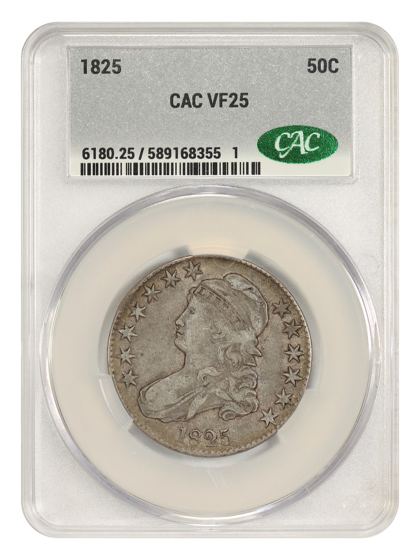 1825 50C CACG VF25 - Capped Bust Half Dollar: 1825 50C CACG VF25 - Capped Bust Half Dollar The 1825 Capped Bust Half Dollar, certified by the CACG as VF25, features an iconic design with a prominent bust and detailed details. This circulated