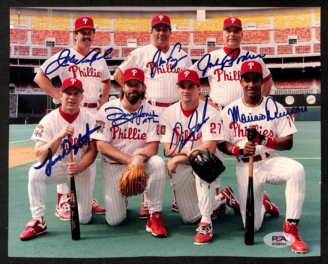 1994 Phillies All Stars/ Coaches Multi Signed (7) 8x10 Photo PSA/ DNA LOA 196036: 1994 Phillies All Stars/ Coaches Multi Signed (7) 8x10 Photo PSA/ DNA LOA 196036 Seven baseball legends, including All-Stars and coaches from the 1994 Phillies team, have signed this iconic 8x10 photo