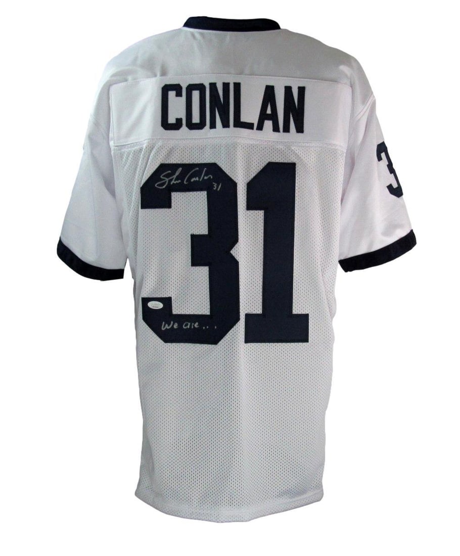 Shane Conlan Autographed/ Inscribed White Custom Football Jersey Penn State JSA: Shane Conlan Autographed/ Inscribed White Custom Football Jersey Penn State JSA Signed by Shane Conlan, this white custom football jersey from Penn State features an official JSA authentication. The