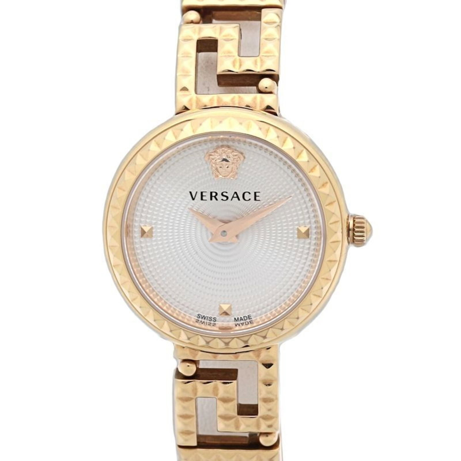 Versace Wristwatch: Versace Wristwatch Versace's gold plated wristwatch boasts a sleek white dial and elegant design, making it a stylish accessory for everyday wear. With its quartz movement and comfortable 18cm band, t
