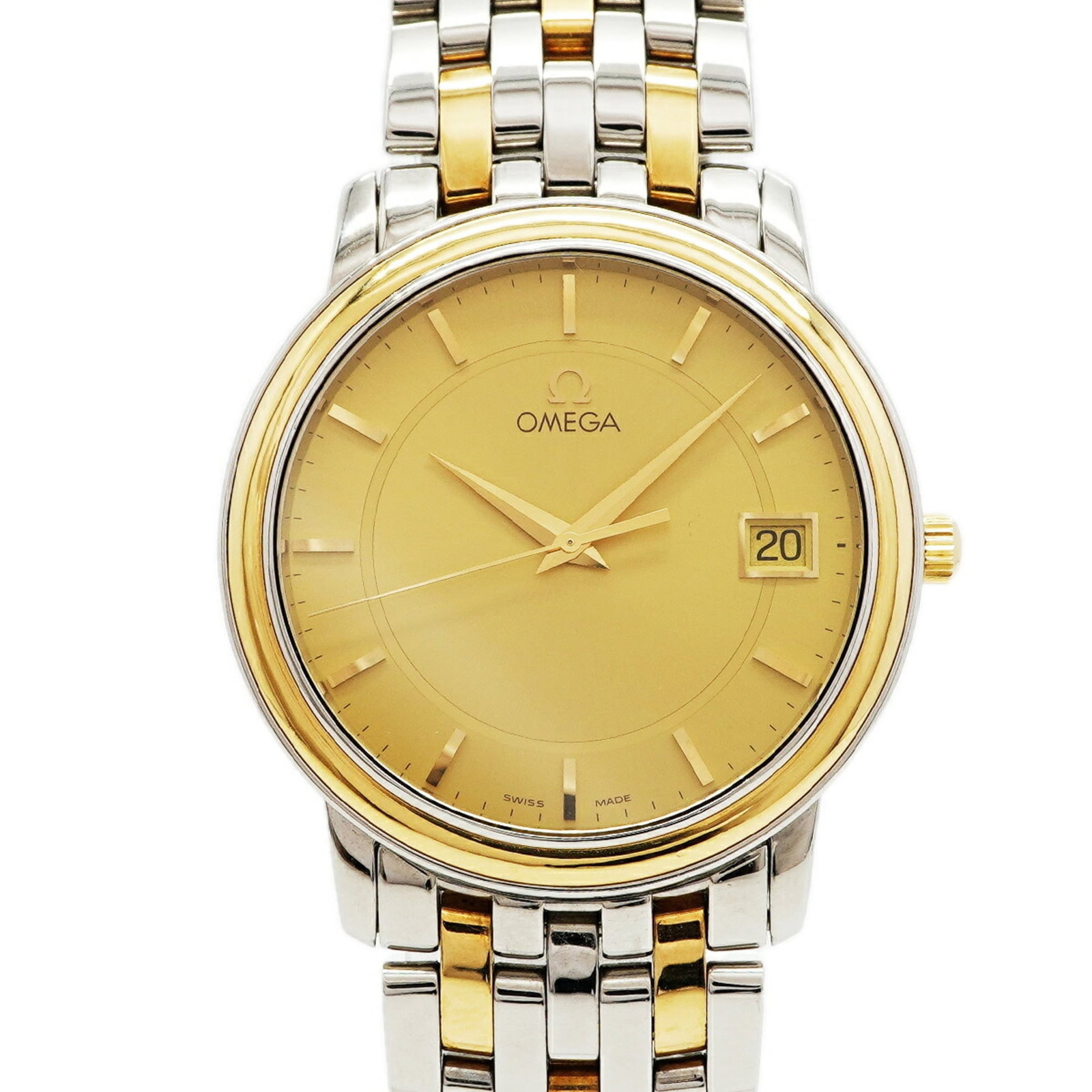 Omega Wristwatch: Omega Wristwatch Stainless steel and yellow gold combine in a sleek, 34.5mm case diameter watch with a quartz movement. The gold dial adds a touch of luxury to this Omega wristwatch, which features a 