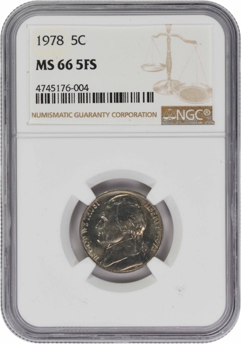 1978 Jefferson Nickel MS66 5FS NGC: 1978 Jefferson Nickel MS66 5FS NGC The 1978 Jefferson Nickel MS66 5FS NGC boasts an impressive Mint State 66 grade, indicating exceptional condition with minimal wear. Certified by the Numismatic
