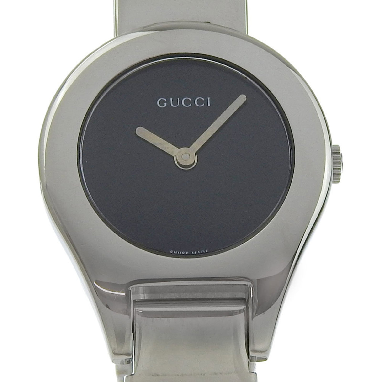 Wristwatch from Gucci: Wristwatch from Gucci Stainless steel case and band add an edgy touch to this black quartz wristwatch from Gucci, measuring 26mm in diameter. The sleek design features a classic style with a modern tw
