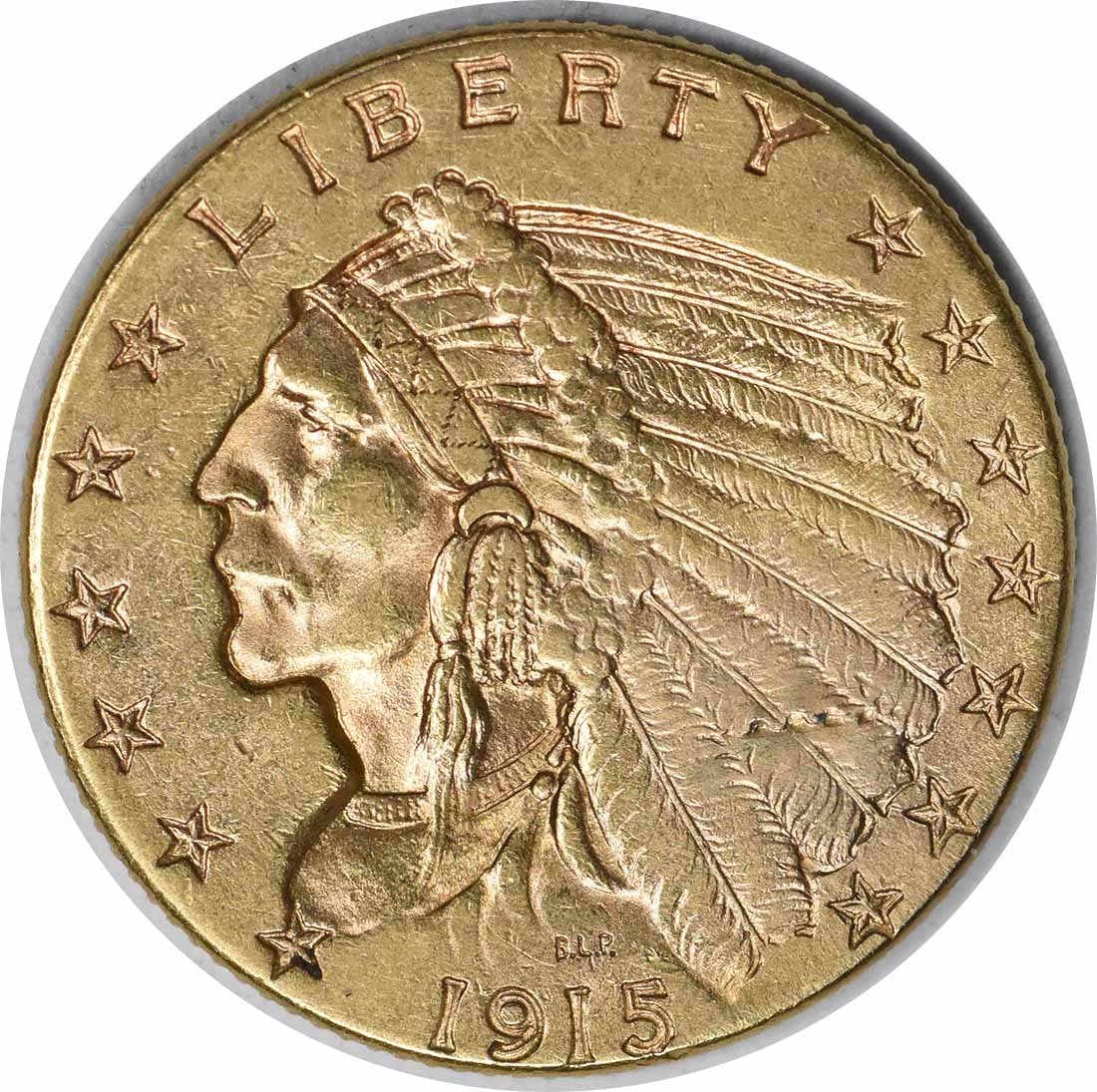 Uncertified Gold Indian $2.50 Slider AU 1915: Uncertified Gold Indian $2.50 Slider AU 1915 Uncertified Gold Indian $2.50 Slider AU 1915 - A Rare Piece from the Early 20th Century, Featuring a Reeded Edge and High Gold Content. This circulated coi