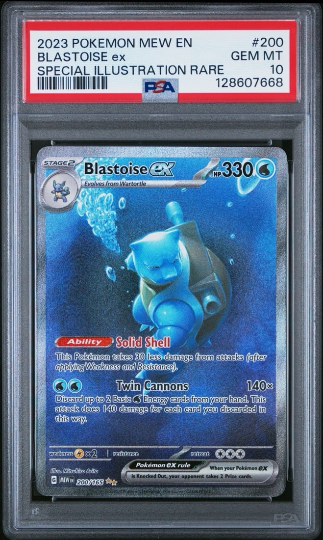2023 POKEMON MEW EN-151 BLASTOISE EX #200 SPECIAL ILLUSTRATION RARE PSA 10: 2023 POKEMON MEW EN-151 BLASTOISE EX #200 SPECIAL ILLUSTRATION RARE PSA 10 The 2023 Pok?mon Mew Ex #200 Blastoise card boasts an exceptional PSA 10 grade, showcasing near-perfect condition. Certified 