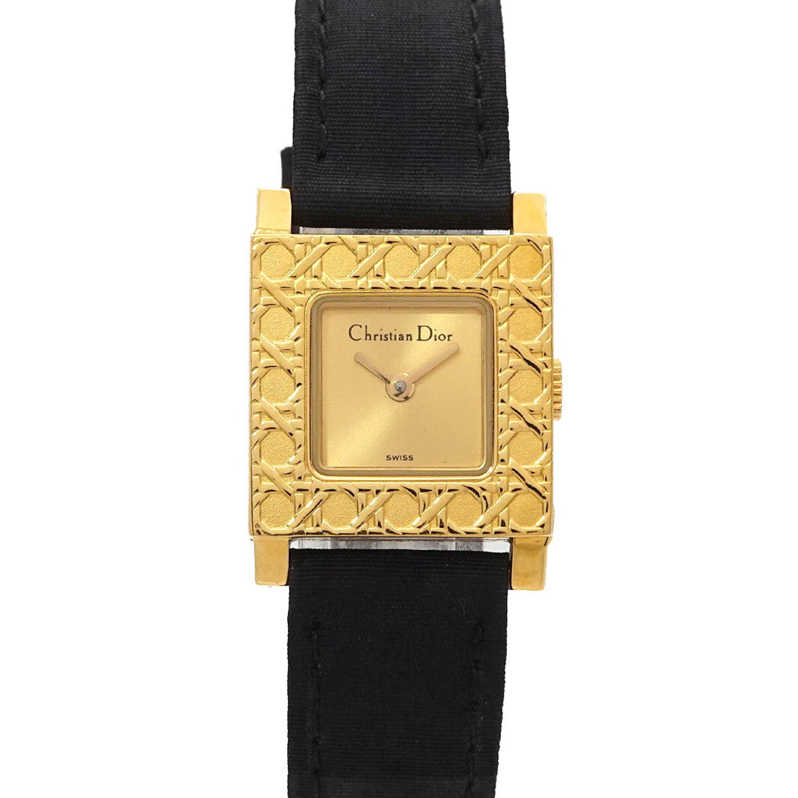 Wristwatch by Christian Dior: Wristwatch by Christian Dior Christian Dior's gold plated wristwatch boasts a sleek 19mm case diameter, complemented by a matching gold plated band and silk dial. This quartz-powered timepiece is craf