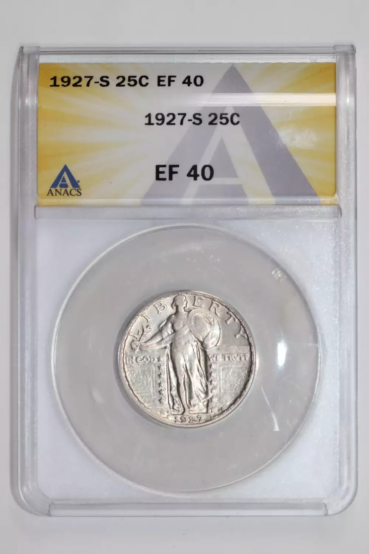 1927-S STANDING LIBERTY QUARTER ANACS XF40: 1927-S STANDING LIBERTY QUARTER ANACS XF40 The 1927-S Standing Liberty Quarter features an iconic design with a strong, classical style. This XF40 graded coin boasts excellent detail and minimal wear,