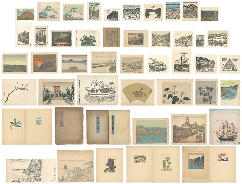 Woodblock prints by Kihachiro Shimozawa set of 37 rare sketches from a portfolio.: Woodblock prints by Kihachiro Shimozawa set of 37 rare sketches from a portfolio. Item Specifics: Artist: Shimozawa Kihachiro Subject: Landscape and Nanban Material: Paper Style: Japanese Size: 28.5 x