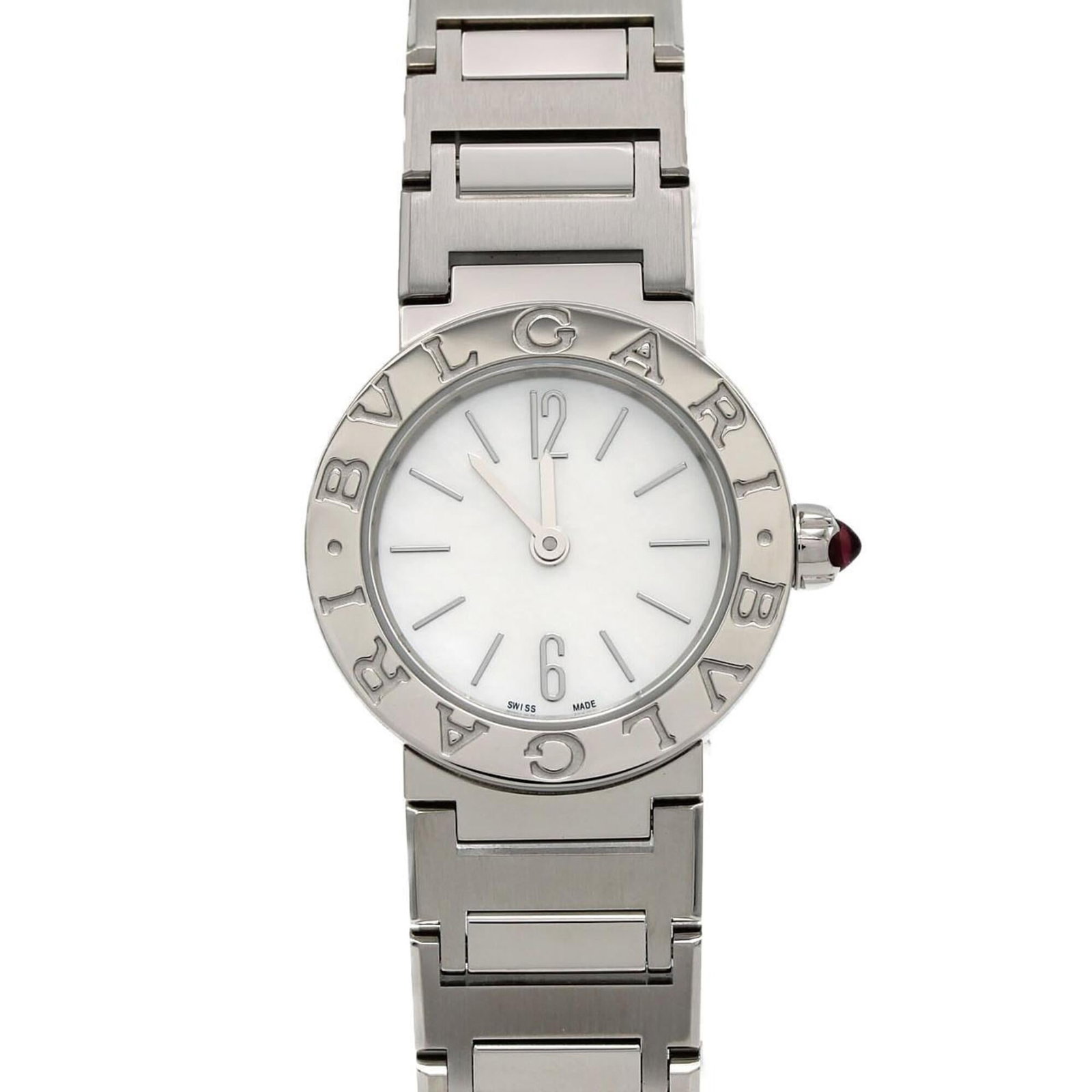 Bvlgari Wristwatch: Bvlgari Wristwatch Stainless steel case and band provide a sleek, modern look for the Bvlgari wristwatch. The white dial stands out against its understated background, while quartz movement ensures re