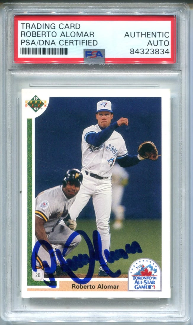 Upper Deck Roberto Alomar PSA Authentic 1991 Autographed Card #83F: Upper Deck Roberto Alomar PSA Authentic 1991 Autographed Card #83F Roberto Alomar's 1991 Upper Deck card #83F bears his signature, a notable feature of this autographed item. The PSA Authentic certifi