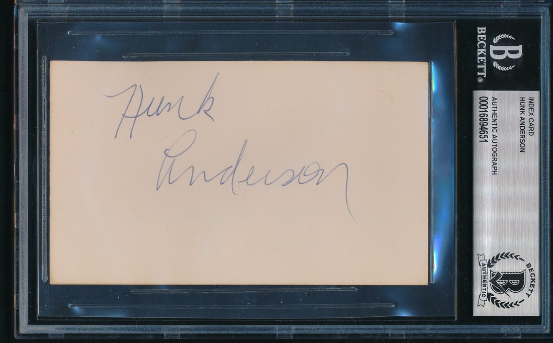 HOF Bears/ Anderson Hunk Signed Notre Dame 195735 Beckett Auto 3x5 Index Card: HOF Bears/ Anderson Hunk Signed Notre Dame 195735 Beckett Auto 3x5 Index Card Original Beckett Authentication Services (BAS) signed index card featuring the signature of HOF Bears/ Anderson Hunk on a 